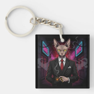 Llavero Gato Mafia Sphynx en Estilo Neon Noir