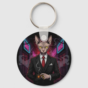 Llavero Gato Mafia Sphynx en Estilo Noir Neon
