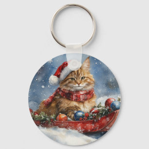 Llavero Gato Maine Coon en Trineo Deja que Nieve Navidad