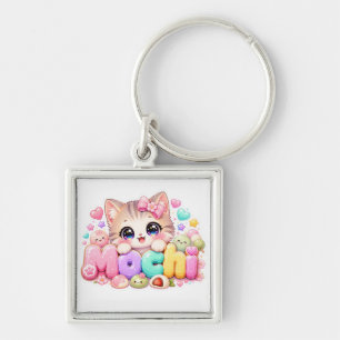 Llavero Gato Mochi Kawaii Lindo Nombre Rosa Pastel Brillan