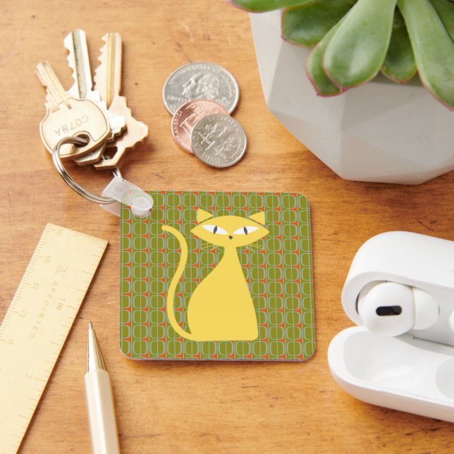 Llavero Gato moderno de medio siglo sobre patrón geométric (Escritorio )