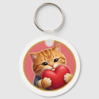Llavero Gato Naranja Adorable Abrazando un Corazón Rojo- S