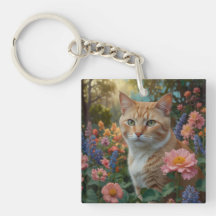 Gato naranja blanco bonito en jardín floral