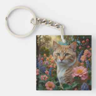 Llavero Gato naranja blanco bonito en jardín floral