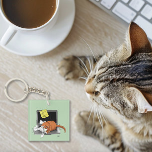 Llavero Gato Naranja Divertido Portátil Verde Trabajo Casa