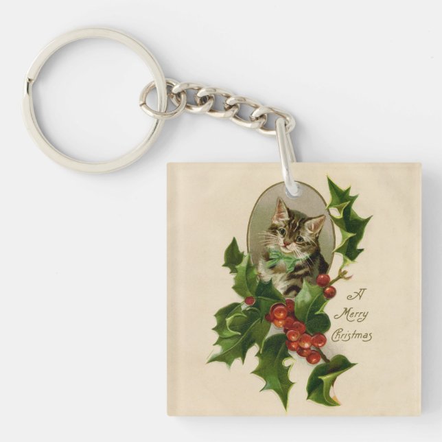 Llavero Gato Navidades Merry Holly Kitten Arte Antiguo (Frente)