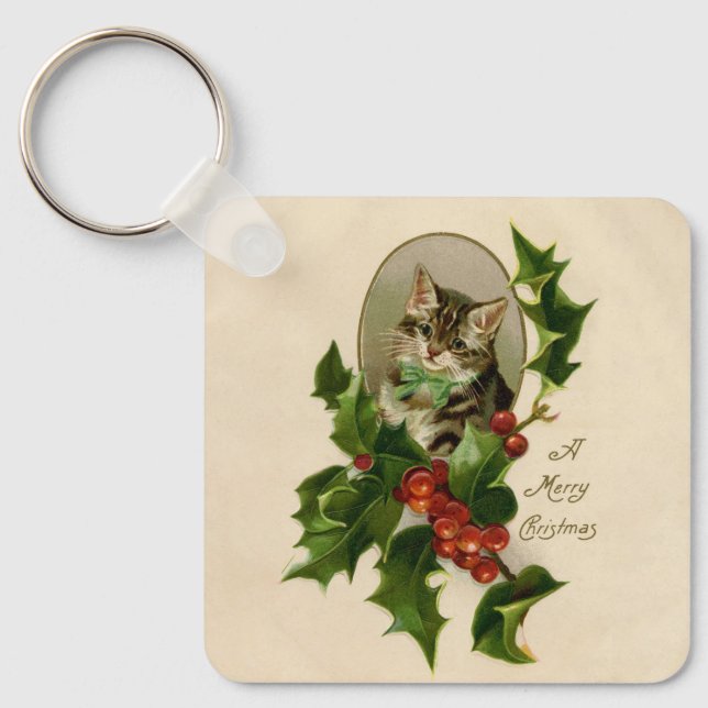 Llavero Gato Navidades Merry Holly Kitten Arte Antiguo