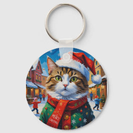 Llavero Gato Navideño Festivo con Gorro de Santa