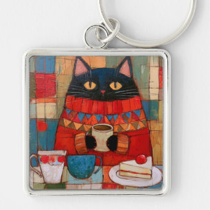Llavero Gato negro acogedor bebiendo café en un café