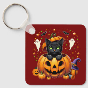 Llavero Gato negro adorable en calabaza - ¡Temporada temib