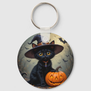 Llavero Gato negro adorable que lleva sombrero de bruja
