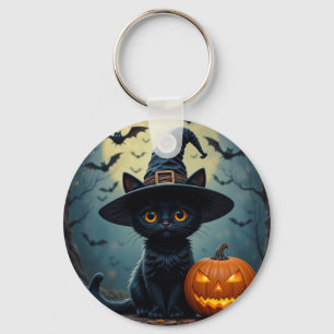 Llavero Gato negro adorable que lleva sombrero de bruja