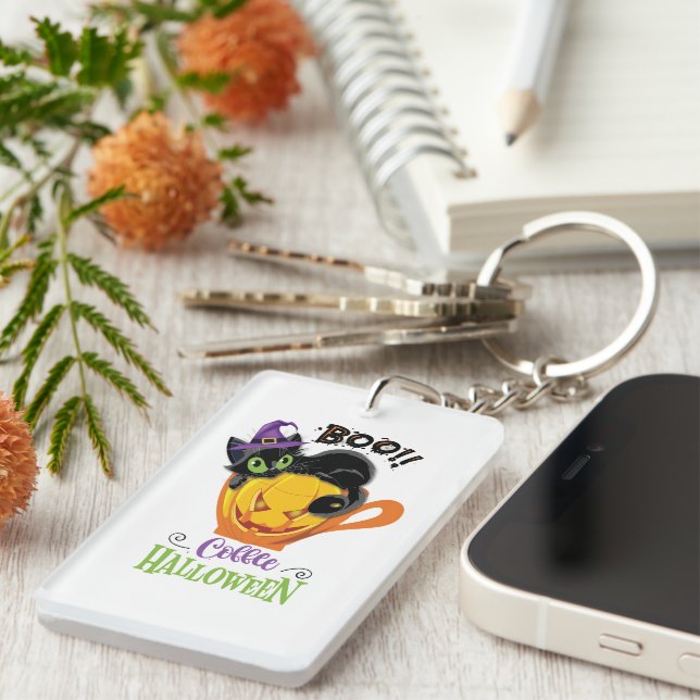 Llavero Gato negro boo, calabaza temerosa café Halloween (Frente Derecha)