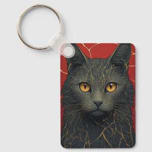 Llavero Gato Negro Con Acento De Grietas Doradas Kintsugi