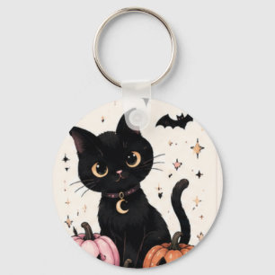 Llavero Gato negro con collar de luna de calabaza rosa