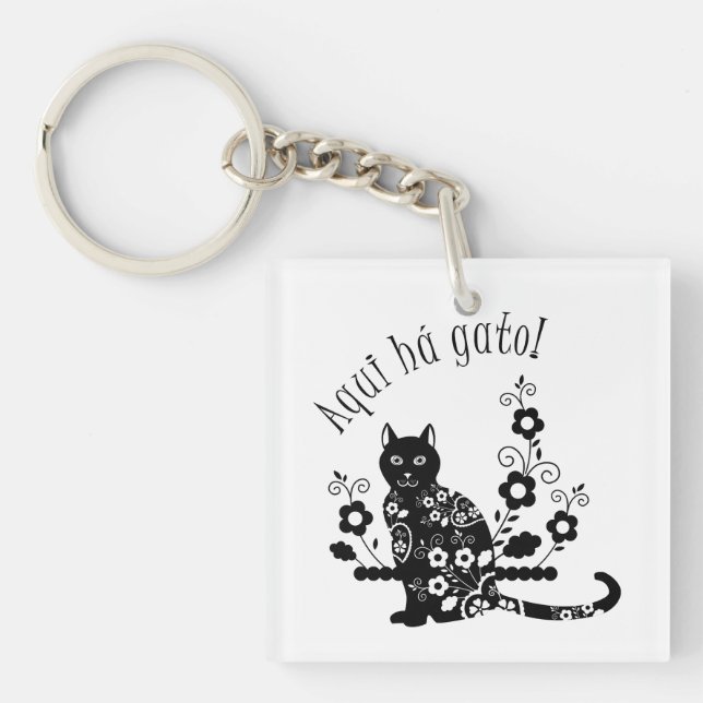 Llavero Gato negro con flores y expresión portuguesa (Frente)