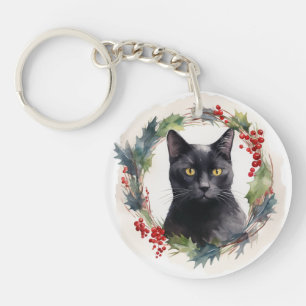 Llavero Gato Negro Corona de Navidad Gatito Festivo
