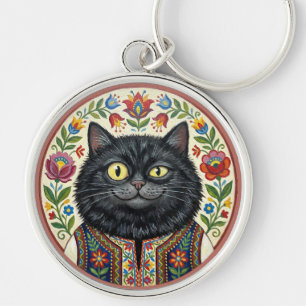 Llavero Gato negro de arte popular balcánico
