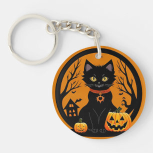 Llavero Gato negro de Halloween rodeado de Jack-o'-Lantern
