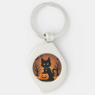 Llavero Gato negro de Halloween rodeado de Jack-o'-Lantern