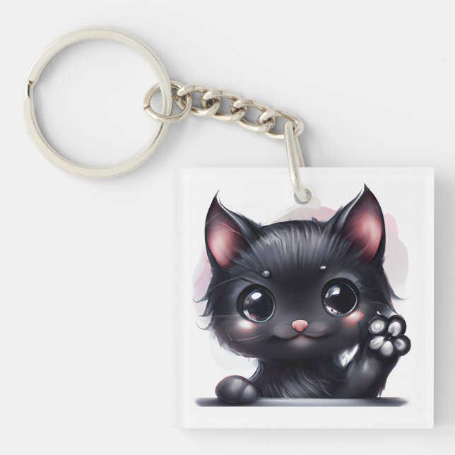 Llavero Gato negro de Kawaii Adorable (Frente)