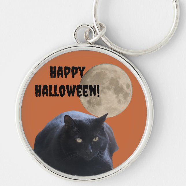 Llavero Gato negro de la luna llena de Halloween (Frente)