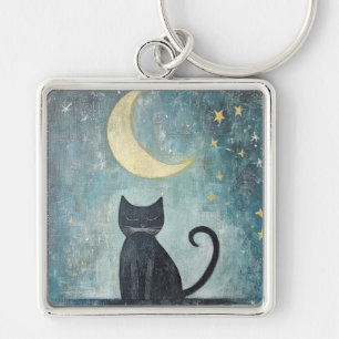 Llavero Gato negro durmiendo con luna creciente y estrella