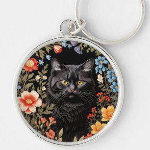 Llavero Gato Negro Elegante Floral Colorido