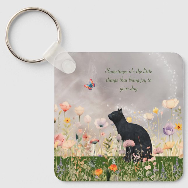 Llavero Gato negro en flores (Anverso)