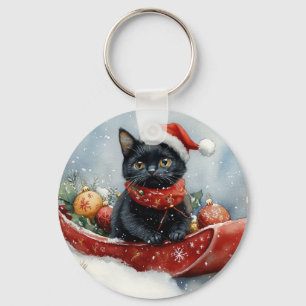 Llavero Gato Negro en Trineo Deja que Nieve Navidad