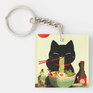 Llavero Gato negro feliz comiendo Ramen Ukiyo-e japonés