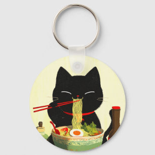 Llavero Gato negro feliz comiendo Ramen Ukiyo-e japonés