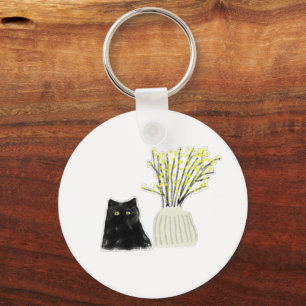 Llavero Gato Negro Flores Amarillas Jarrón Arte Lápiz