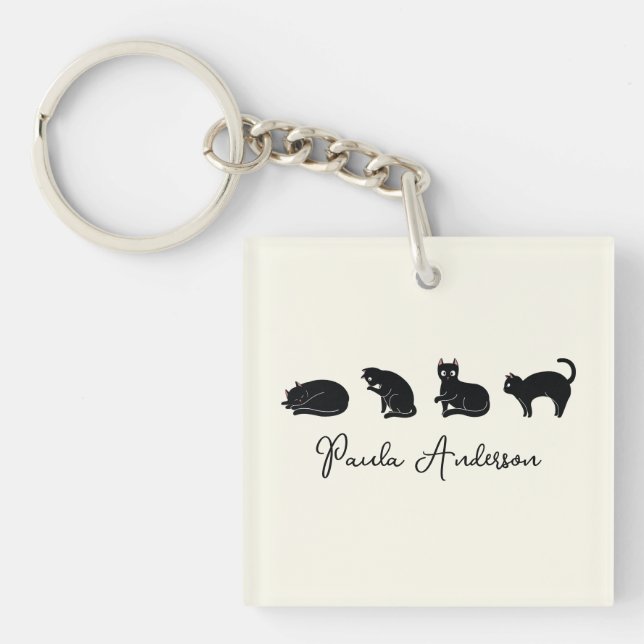 Llavero Gato negro gracioso personalizable (Frente)