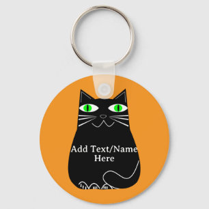 Llavero Gato negro graso con ojos verdes Personalizado tex