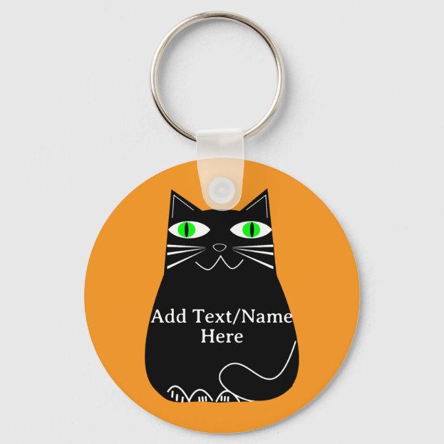 Llavero Gato negro graso con ojos verdes Personalizado tex (Anverso)