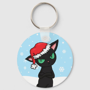 Llavero Gato negro gruñón que lleva el gorra de Santa