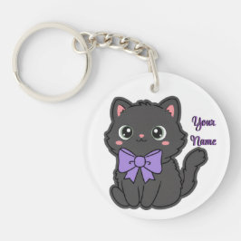 Llavero Gato Negro Lazo Morado Bonito Kawaii Personalizado