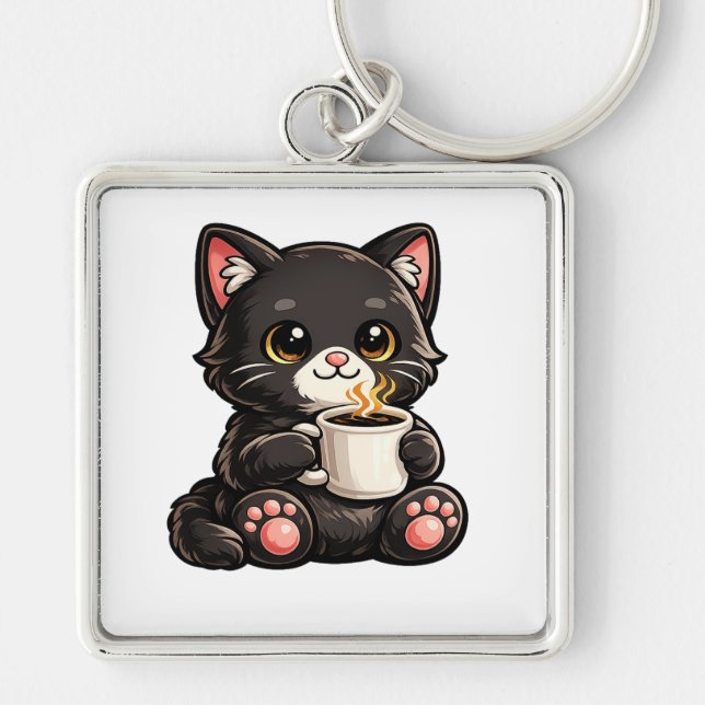 Llavero Gato negro lindo con café (Frente)