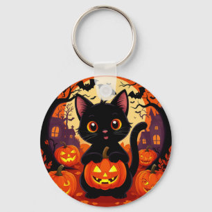 Llavero Gato negro lindo con calabazas de Halloween