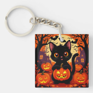 Llavero Gato negro lindo con calabazas de Halloween