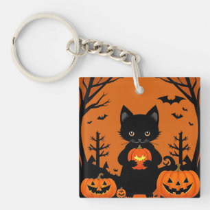 Llavero Gato negro lindo con calabazas de Halloween
