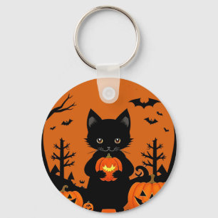 Llavero Gato negro lindo con calabazas de Halloween