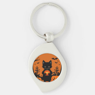 Llavero Gato negro lindo con calabazas de Halloween