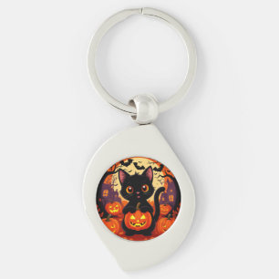 Llavero Gato negro lindo con calabazas de Halloween