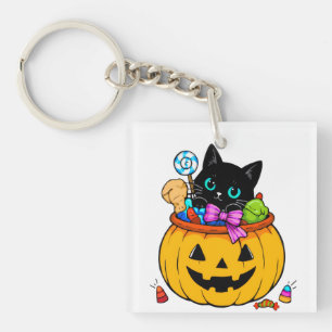 Llavero Gato negro lindo en calabaza de Jack-O'-Lantern Ha