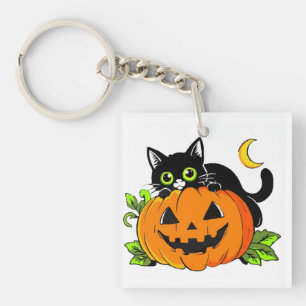 Llavero Gato negro lindo en calabaza Jack-O'-Lantern de Ha