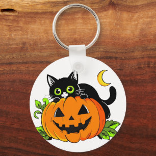 Llavero Gato negro lindo en calabaza Jack-O'-Lantern de Ha