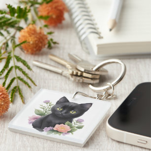 Llavero Gato negro lindo floral caprichoso 