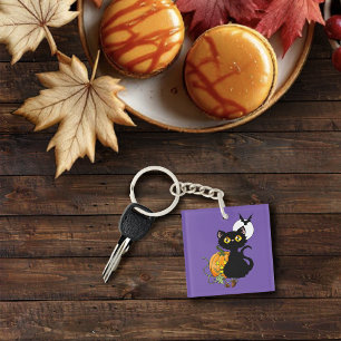 Llavero Gato negro lindo púrpura espeluznante de Halloween
